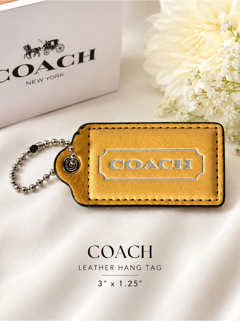 Coach Leather Hang Tag in Yellow Tan with Silver Logo
